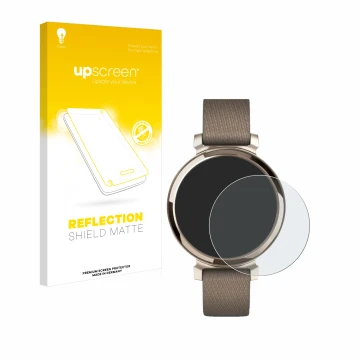Face avant d’un emballage produit avec le logo de la marque upscreen. À côté, l’appareil Garmin Lily 2 est représenté avec la 