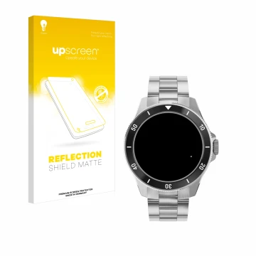 Face avant d’un emballage produit avec le logo de la marque upscreen. À côté, l’appareil Withings ScanWatch Nova (42 mm) est r