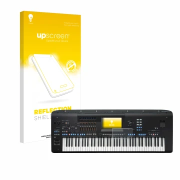 Face avant d’un emballage produit avec le logo de la marque upscreen. À côté, l’appareil Yamaha Genos2 est représenté avec la 