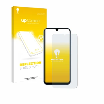 Face avant d’un emballage produit avec le logo de la marque upscreen. À côté, l’appareil Samsung Galaxy A15 est représenté ave
