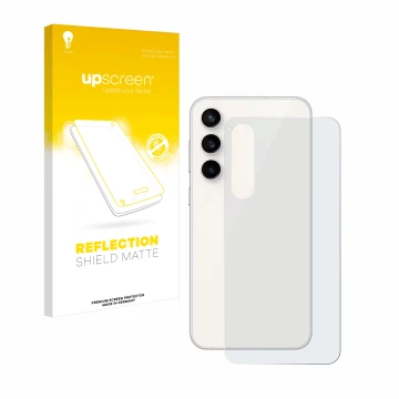 Face avant d’un emballage produit avec le logo de la marque upscreen. À côté, l’appareil Samsung Galaxy S23 FE (Arrière) est r
