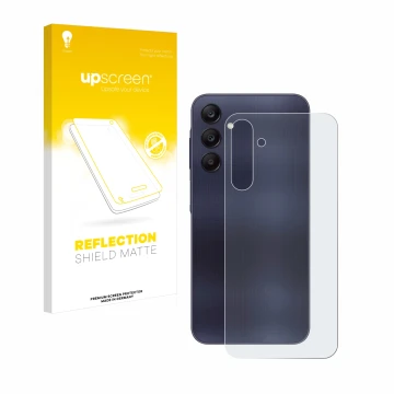 Face avant d’un emballage produit avec le logo de la marque upscreen. À côté, l’appareil Samsung Galaxy A25 5G (Arrière) est r
