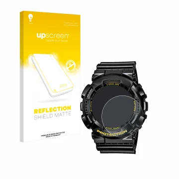Face avant d’un emballage produit avec le logo de la marque upscreen. À côté, l’appareil Casio G-Shock GA-110GB-1A est représe