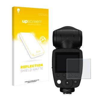 Face avant d’un emballage produit avec le logo de la marque upscreen. À côté, l’appareil Profoto A10 est représenté avec la pr