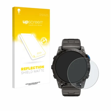 Face avant d’un emballage produit avec le logo de la marque upscreen. À côté, l’appareil Garmin D2 Mach1 Pro est représenté av