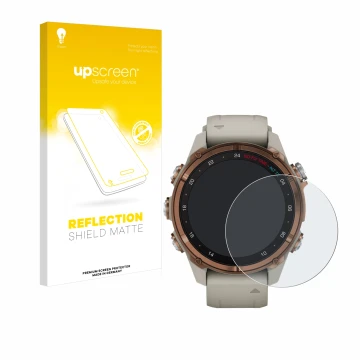 Face avant d’un emballage produit avec le logo de la marque upscreen. À côté, l’appareil Garmin Descent Mk3 (43 mm) est représ