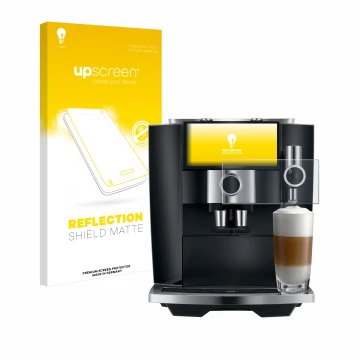 Face avant d’un emballage produit avec le logo de la marque upscreen. À côté, l’appareil Jura J8 twin est représenté avec la p