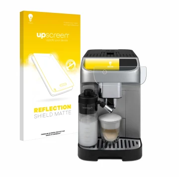 Face avant d’un emballage produit avec le logo de la marque upscreen. À côté, l’appareil DeLonghi Magnifica Plus est représent