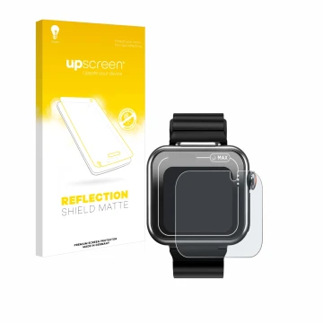 Face avant d’un emballage produit avec le logo de la marque upscreen. À côté, l’appareil Vtech Kidizoom Smartwatch MAX est rep