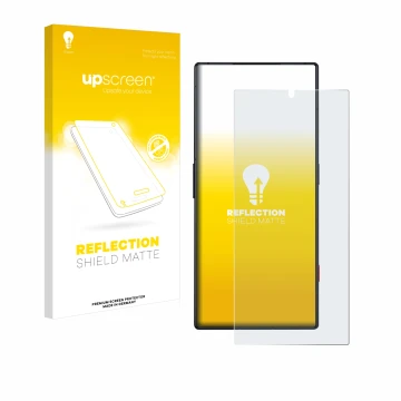 Face avant d’un emballage produit avec le logo de la marque upscreen. À côté, l’appareil ZTE Nubia Red Magic 8 Pro est représe