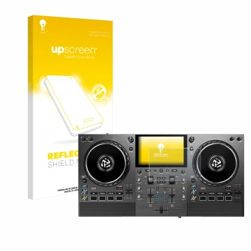 Face avant d’un emballage produit avec le logo de la marque upscreen. À côté, l’appareil Numark Mixstream Pro Go est représent
