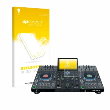 Face avant d’un emballage produit avec le logo de la marque upscreen. À côté, l’appareil Denon DJ Prime 4+ est représenté avec