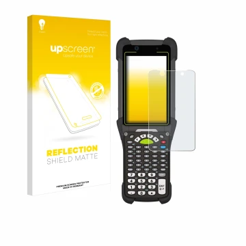 Face avant d’un emballage produit avec le logo de la marque upscreen. À côté, l’appareil Zebra MC9400 est représenté avec la p