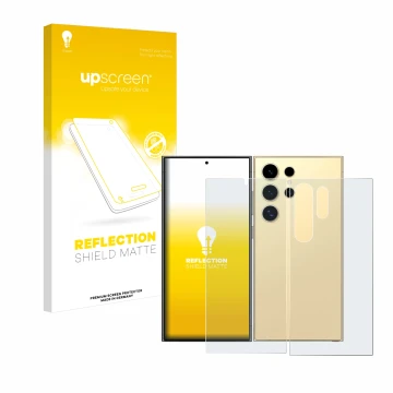 Face avant d’un emballage produit avec le logo de la marque upscreen. À côté, l’appareil Samsung Galaxy S24 Ultra (case-friend