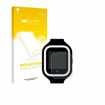 Face avant d’un emballage produit avec le logo de la marque upscreen. À côté, l’appareil SaveFamily Iconic Plus 4G est représe