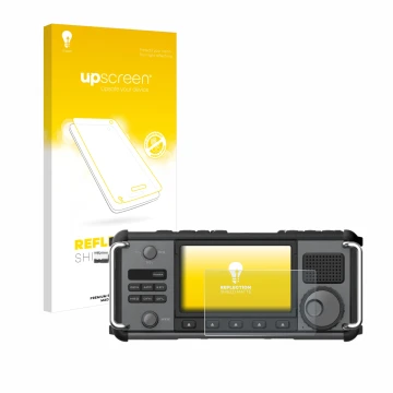 Face avant d’un emballage produit avec le logo de la marque upscreen. À côté, l’appareil Xiegu X6200 est représenté avec la pr