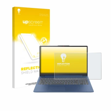 Face avant d’un emballage produit avec le logo de la marque upscreen. À côté, l’appareil Lenovo IdeaPad Slim 3 Gen 8 15