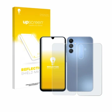 Face avant d’un emballage produit avec le logo de la marque upscreen. À côté, l’appareil Samsung Galaxy A15 (Avant+Arrière) es