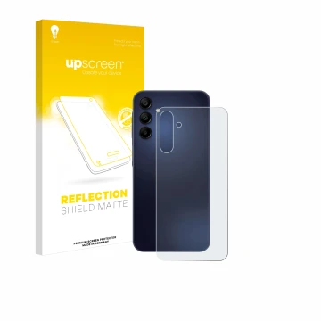 Face avant d’un emballage produit avec le logo de la marque upscreen. À côté, l’appareil Samsung Galaxy A15 5G (Arrière) est r
