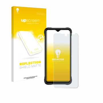 Face avant d’un emballage produit avec le logo de la marque upscreen. À côté, l’appareil Umidigi Bison X20 est représenté avec