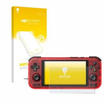 Face avant d’un emballage produit avec le logo de la marque upscreen. À côté, l’appareil Retroid Pocket 4 Pro est représenté a