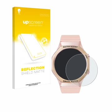 Face avant d’un emballage produit avec le logo de la marque upscreen. À côté, l’appareil Mutoy Smartwatch 1.32
