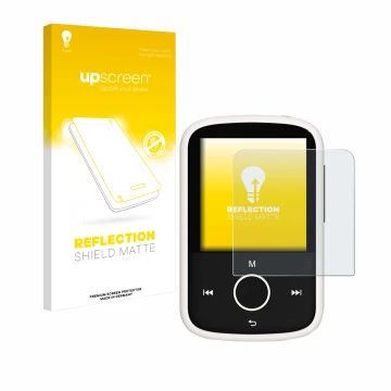 Face avant d’un emballage produit avec le logo de la marque upscreen. À côté, l’appareil Majority MP3 16GB est représenté avec