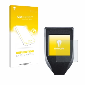 Face avant d’un emballage produit avec le logo de la marque upscreen. À côté, l’appareil Trezor Model T est représenté avec la