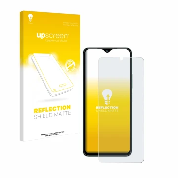 Face avant d’un emballage produit avec le logo de la marque upscreen. À côté, l’appareil Xiaomi Redmi A3 est représenté avec l