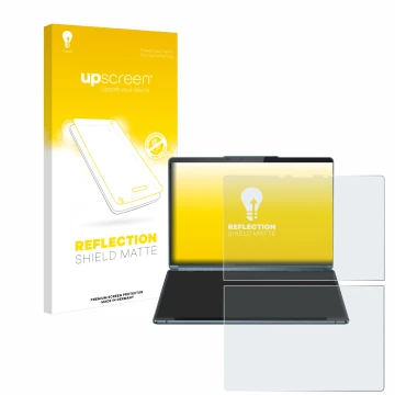 Face avant d’un emballage produit avec le logo de la marque upscreen. À côté, l’appareil Lenovo Yoga Book 9i Gen 9 est représe