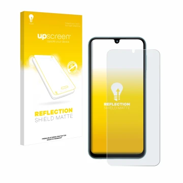 Face avant d’un emballage produit avec le logo de la marque upscreen. À côté, l’appareil Samsung Galaxy M34 est représenté ave