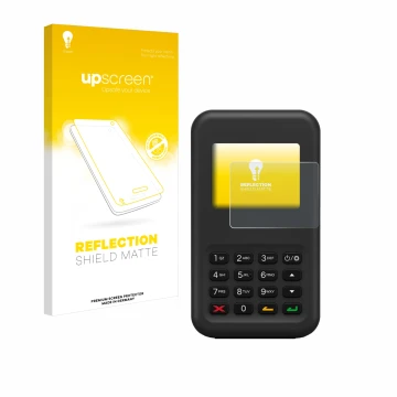 Face avant d’un emballage produit avec le logo de la marque upscreen. À côté, l’appareil Shopify WisePad 3 est représenté avec