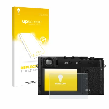 Face avant d’un emballage produit avec le logo de la marque upscreen. À côté, l’appareil Fujifilm X100VI est représenté avec l