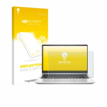 Face avant d’un emballage produit avec le logo de la marque upscreen. À côté, l’appareil HP ProBook 445 G7 est représenté avec