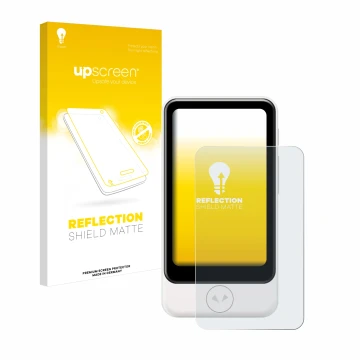 Face avant d’un emballage produit avec le logo de la marque upscreen. À côté, l’appareil Pocketalk Plus est représenté avec la