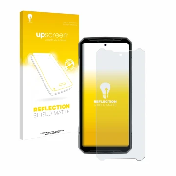 Face avant d’un emballage produit avec le logo de la marque upscreen. À côté, l’appareil Doogee DK10 est représenté avec la pr