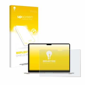 Face avant d’un emballage produit avec le logo de la marque upscreen. À côté, l’appareil Apple MacBook Air 15