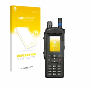 Face avant d’un emballage produit avec le logo de la marque upscreen. À côté, l’appareil Motorola MTP6650 est représenté avec 