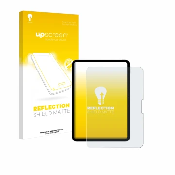 Face avant d’un emballage produit avec le logo de la marque upscreen. À côté, l’appareil Apple iPad Pro 11