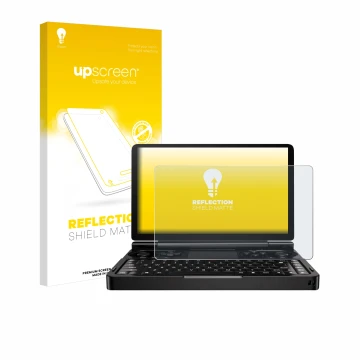 Face avant d’un emballage produit avec le logo de la marque upscreen. À côté, l’appareil GPD Win Mini (2024) est représenté av