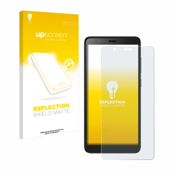 Face avant d’un emballage produit avec le logo de la marque upscreen. À côté, l’appareil ZTE Blade A32 est représenté avec la 