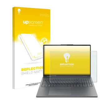 Face avant d’un emballage produit avec le logo de la marque upscreen. À côté, l’appareil Lenovo Yoga 7i 2-in-1 Gen 9 16