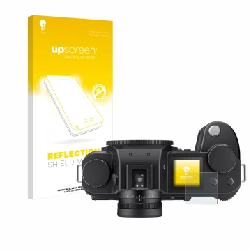 Face avant d’un emballage produit avec le logo de la marque upscreen. À côté, l’appareil Leica SL3 (affichage des épaules) est