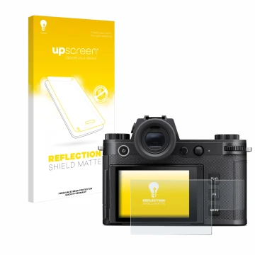 Face avant d’un emballage produit avec le logo de la marque upscreen. À côté, l’appareil Leica SL3 (Affichage + affichage des 