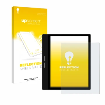 Face avant d’un emballage produit avec le logo de la marque upscreen. À côté, l’appareil Bigme B751C est représenté avec la pr