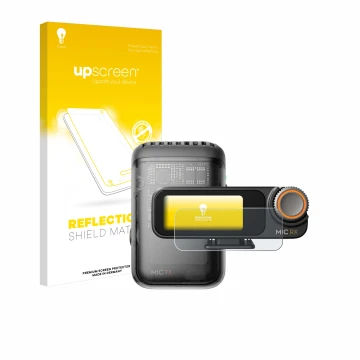 Face avant d’un emballage produit avec le logo de la marque upscreen. À côté, l’appareil DJI Mic 2 (Receiver) est représenté a
