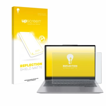 Face avant d’un emballage produit avec le logo de la marque upscreen. À côté, l’appareil Lenovo ThinkBook 16 Gen 6 est représe