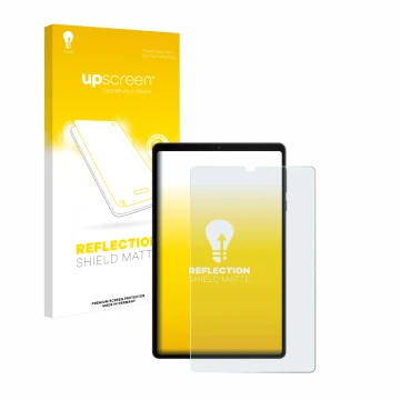 Face avant d’un emballage produit avec le logo de la marque upscreen. À côté, l’appareil Lenovo Legion Tab est représenté avec