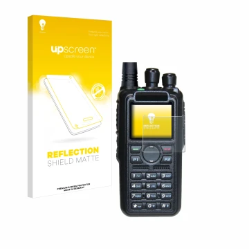 Face avant d’un emballage produit avec le logo de la marque upscreen. À côté, l’appareil AnyTone AT-D878UV II Plus est représe