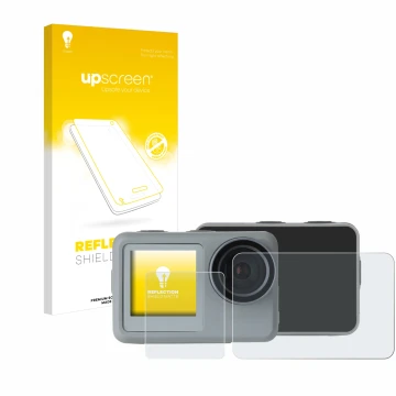 Face avant d’un emballage produit avec le logo de la marque upscreen. À côté, l’appareil Rollei Actioncam 9s Plus est représen